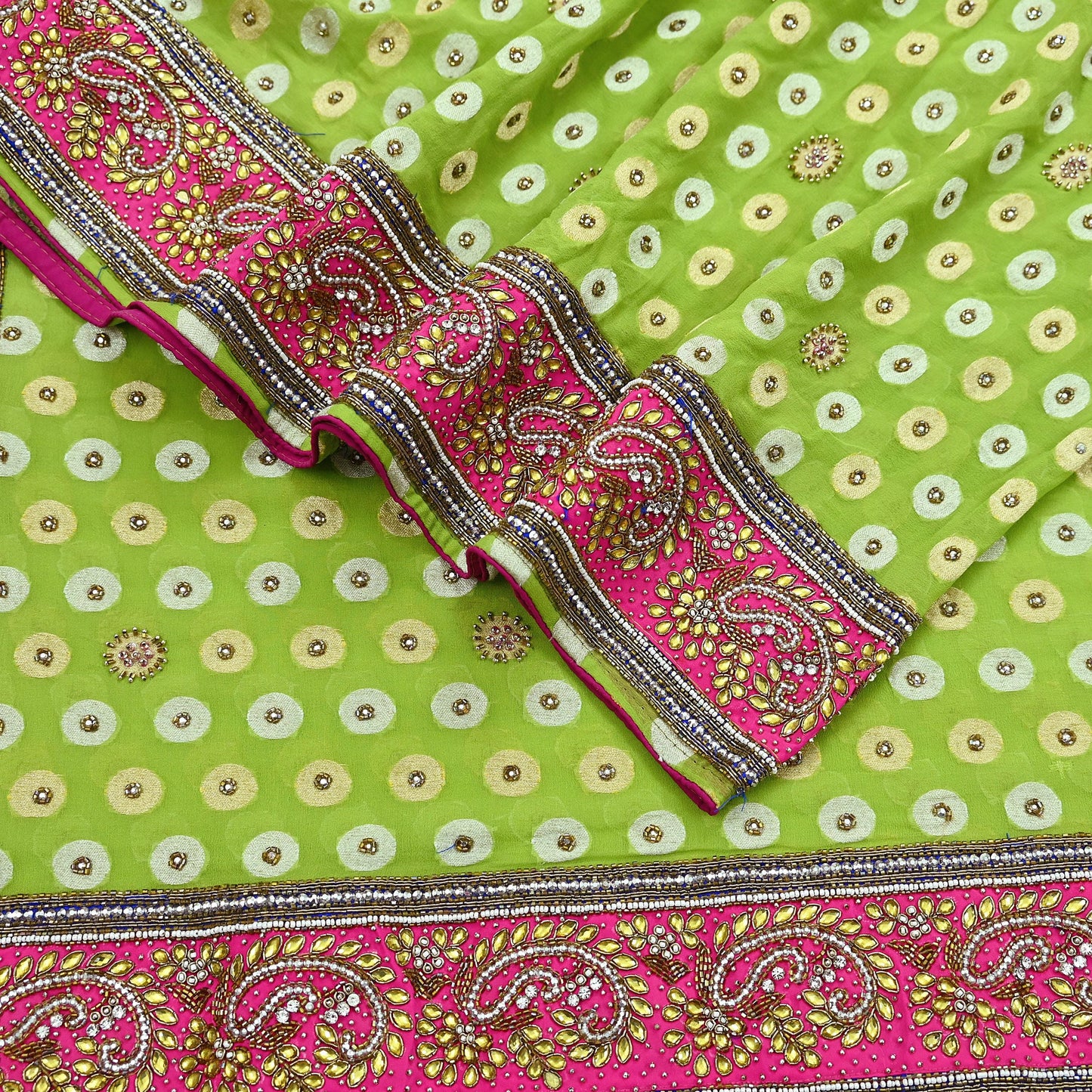 Indian Vintage Heavy Green Bridal Dupatta | Pure Georgette Silk | Hand Embroidered Zardozi, Dabka, Zari Work | Party Wear Long Stole