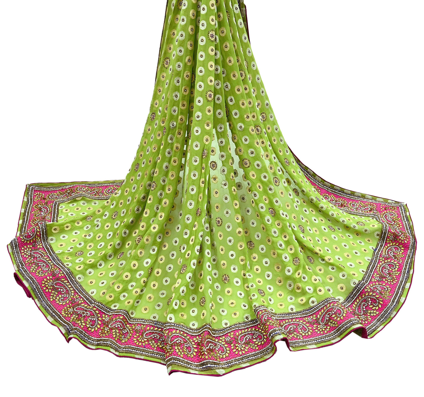 Indian Vintage Heavy Green Bridal Dupatta | Pure Georgette Silk | Hand Embroidered Zardozi, Dabka, Zari Work | Party Wear Long Stole