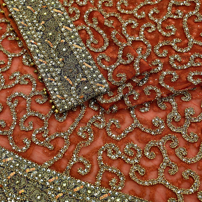 Indian Vintage Heavy Orange Dupatta | Hand Embroidered Net & Tissue Mesh | Zardozi, Dabka, Zari, Sequins, Kundan Work | Bridal Stole