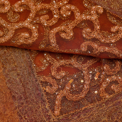 Indian Vintage Heavy Orange Dupatta | Hand Embroidered Net & Tissue Mesh | Zardozi, Dabka, Zari, Sequins, Kundan Work | Bridal Stole