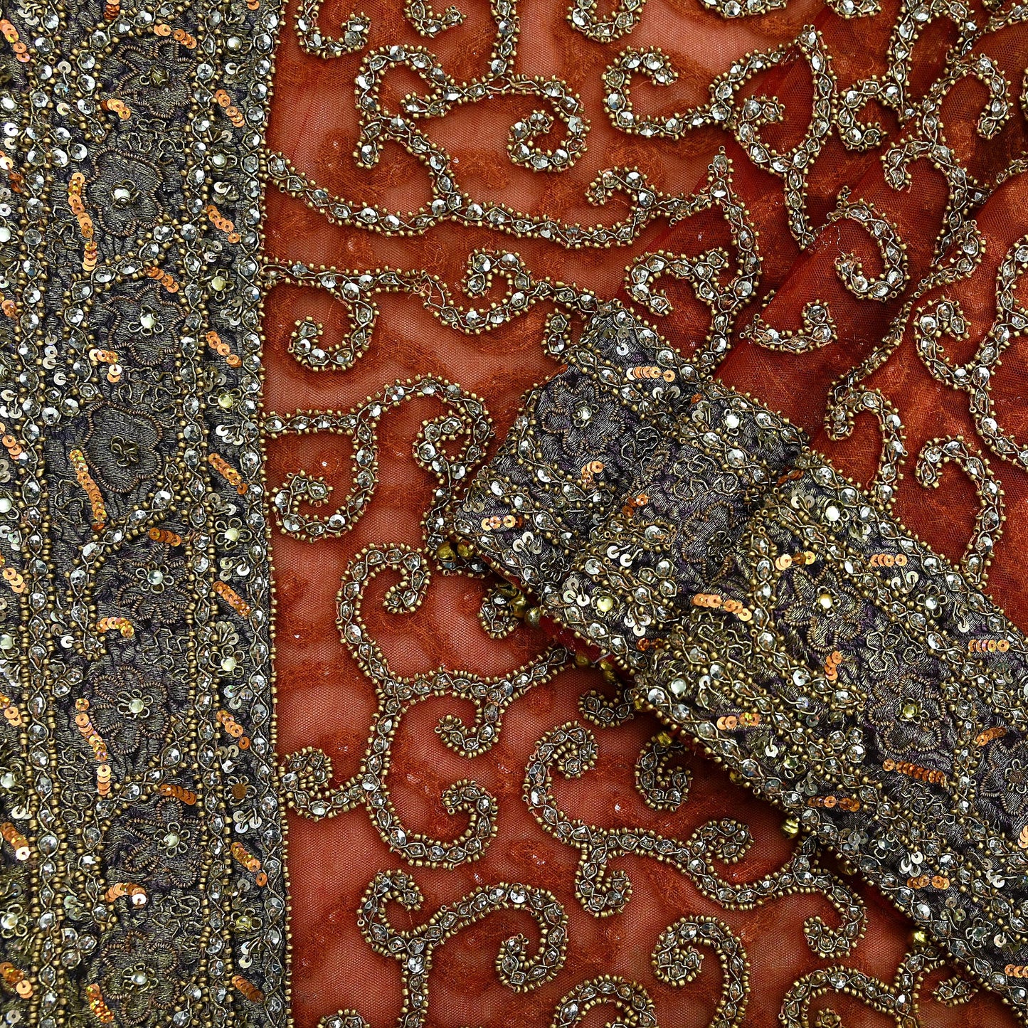 Indian Vintage Heavy Orange Dupatta | Hand Embroidered Net & Tissue Mesh | Zardozi, Dabka, Zari, Sequins, Kundan Work | Bridal Stole