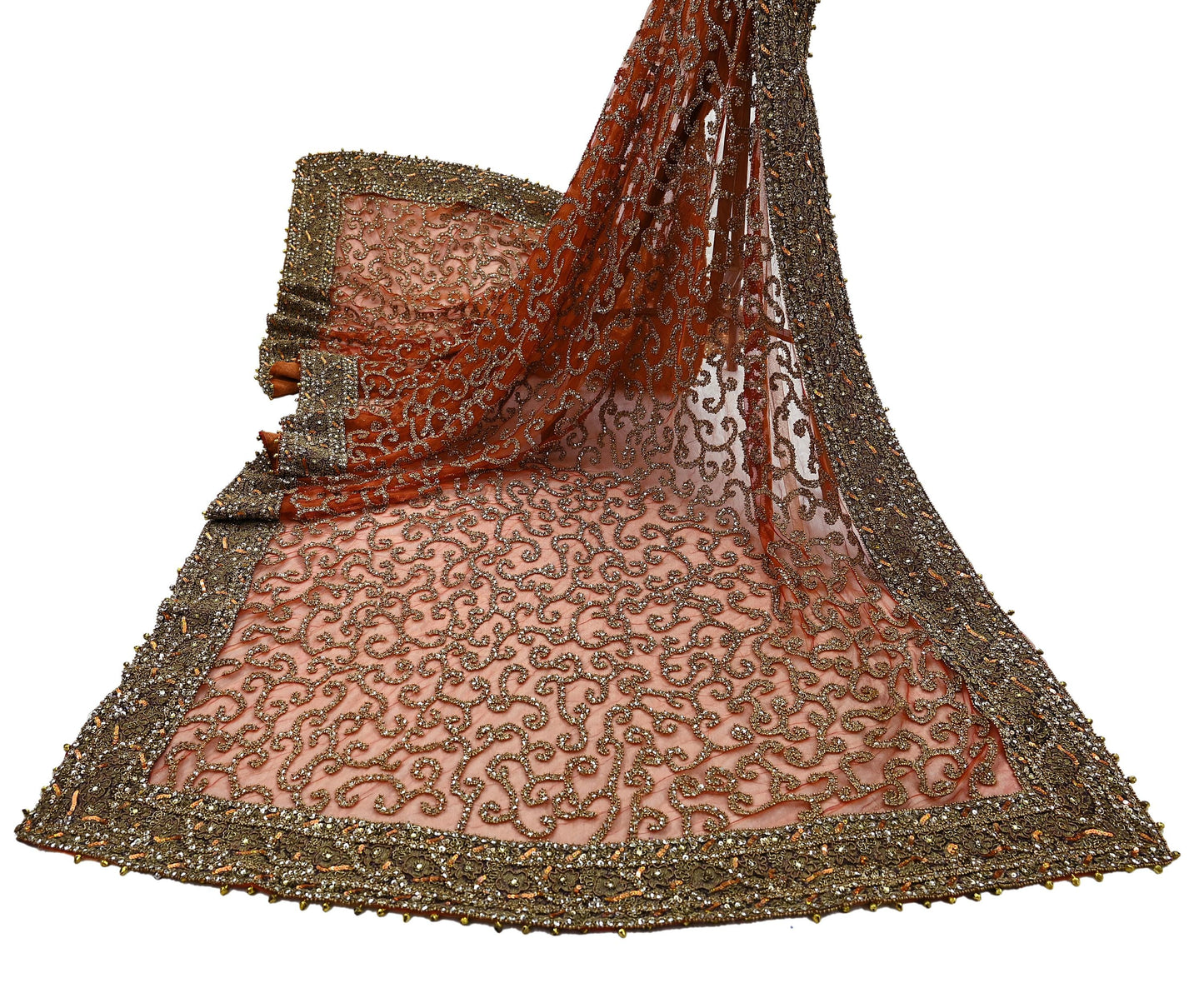 Indian Vintage Heavy Orange Dupatta | Hand Embroidered Net & Tissue Mesh | Zardozi, Dabka, Zari, Sequins, Kundan Work | Bridal Stole