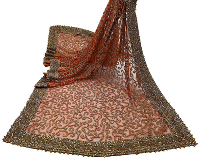 Indian Vintage Heavy Orange Dupatta | Hand Embroidered Net & Tissue Mesh | Zardozi, Dabka, Zari, Sequins, Kundan Work | Bridal Stole