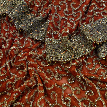 Indian Vintage Heavy Orange Dupatta | Hand Embroidered Net & Tissue Mesh | Zardozi, Dabka, Zari, Sequins, Kundan Work | Bridal Stole