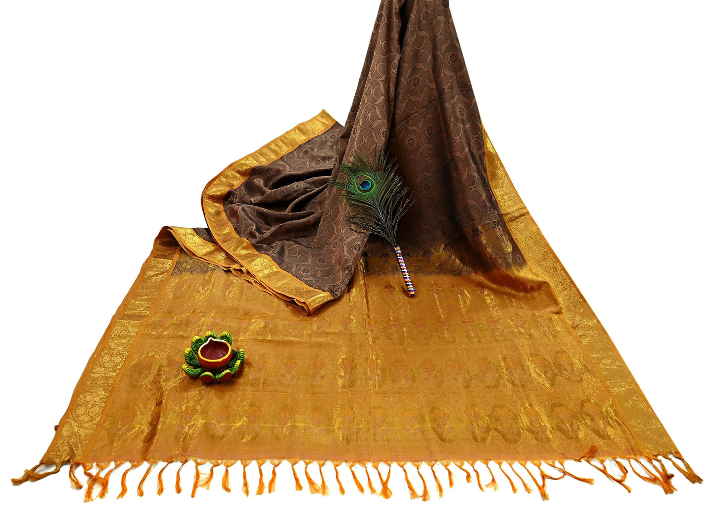 Indian Vintage Heavy Brown Kanjivaram Saree 100% Pure Silk Zari 5Yd Floral Crafting Dress making Crafting Quilting Bollywood Saree