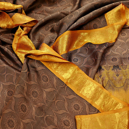 Indian Vintage Heavy Brown Kanjivaram Saree 100% Pure Silk Zari 5Yd Floral Crafting Dress making Crafting Quilting Bollywood Saree