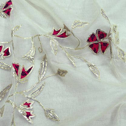 Indian Vintage White Dupatta Long Stole Hand Embroidered Gota Patti Pure Cotton Scarves Veil Mirror Soft Fringes