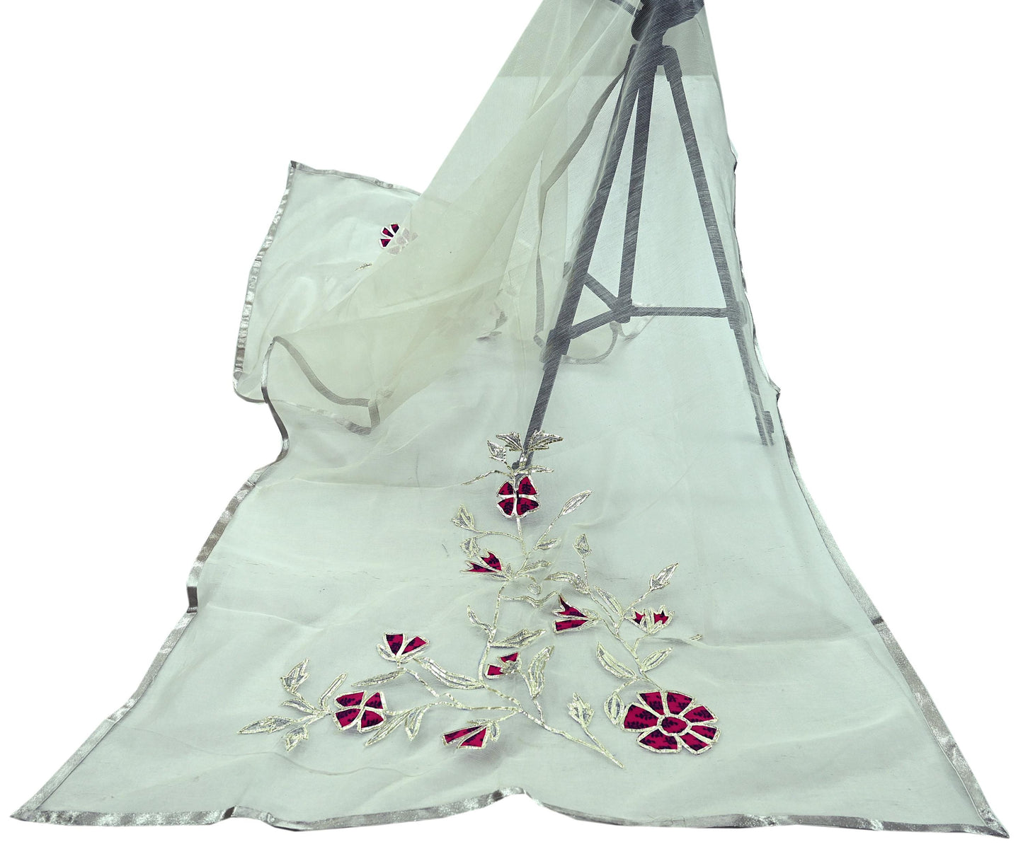 Indian Vintage White Dupatta Long Stole Hand Embroidered Gota Patti Pure Cotton Scarves Veil Mirror Soft Fringes