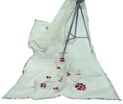 Indian Vintage White Dupatta Long Stole Hand Embroidered Gota Patti Pure Cotton Scarves Veil Mirror Soft Fringes