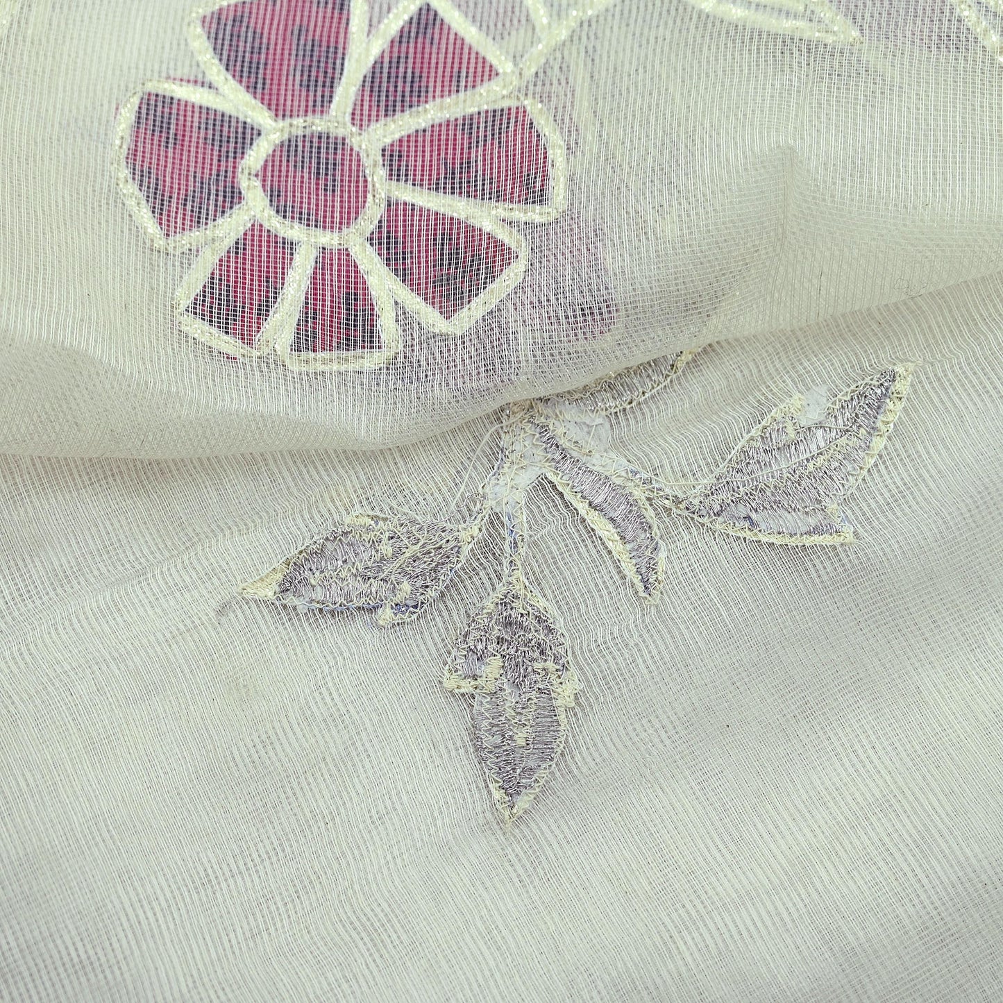 Indian Vintage White Dupatta Long Stole Hand Embroidered Gota Patti Pure Cotton Scarves Veil Mirror Soft Fringes