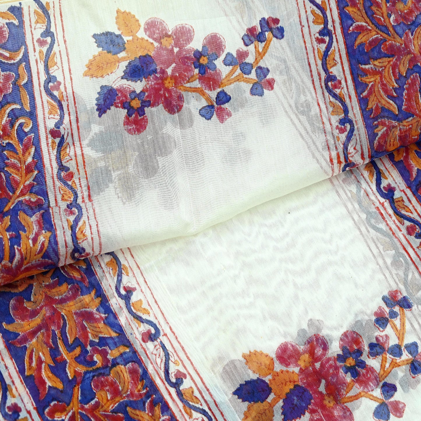 Indian Vintage Blue Dupatta Long Stole Hand Block Print Pure Chanderi Silk Scarves Veil Golden Zari