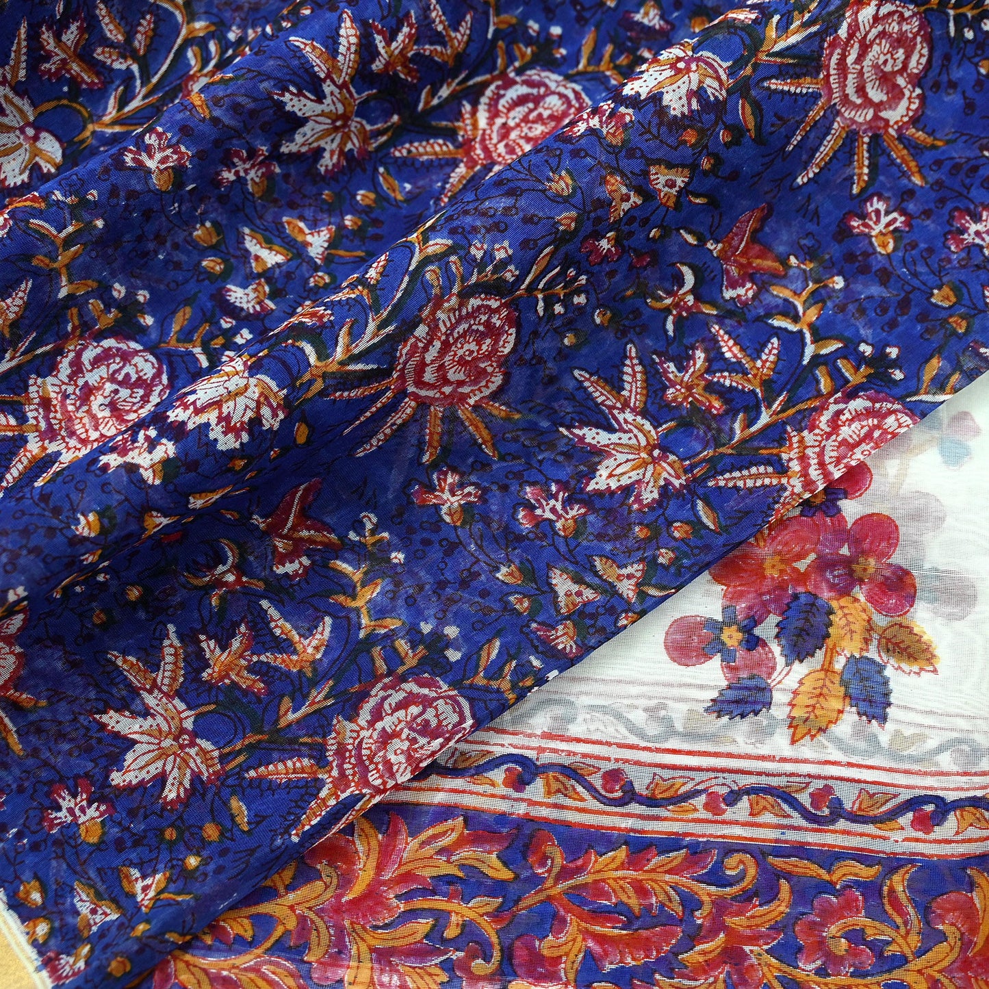 Indian Vintage Blue Dupatta Long Stole Hand Block Print Pure Chanderi Silk Scarves Veil Golden Zari