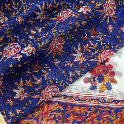 Indian Vintage Blue Dupatta Long Stole Hand Block Print Pure Chanderi Silk Scarves Veil Golden Zari