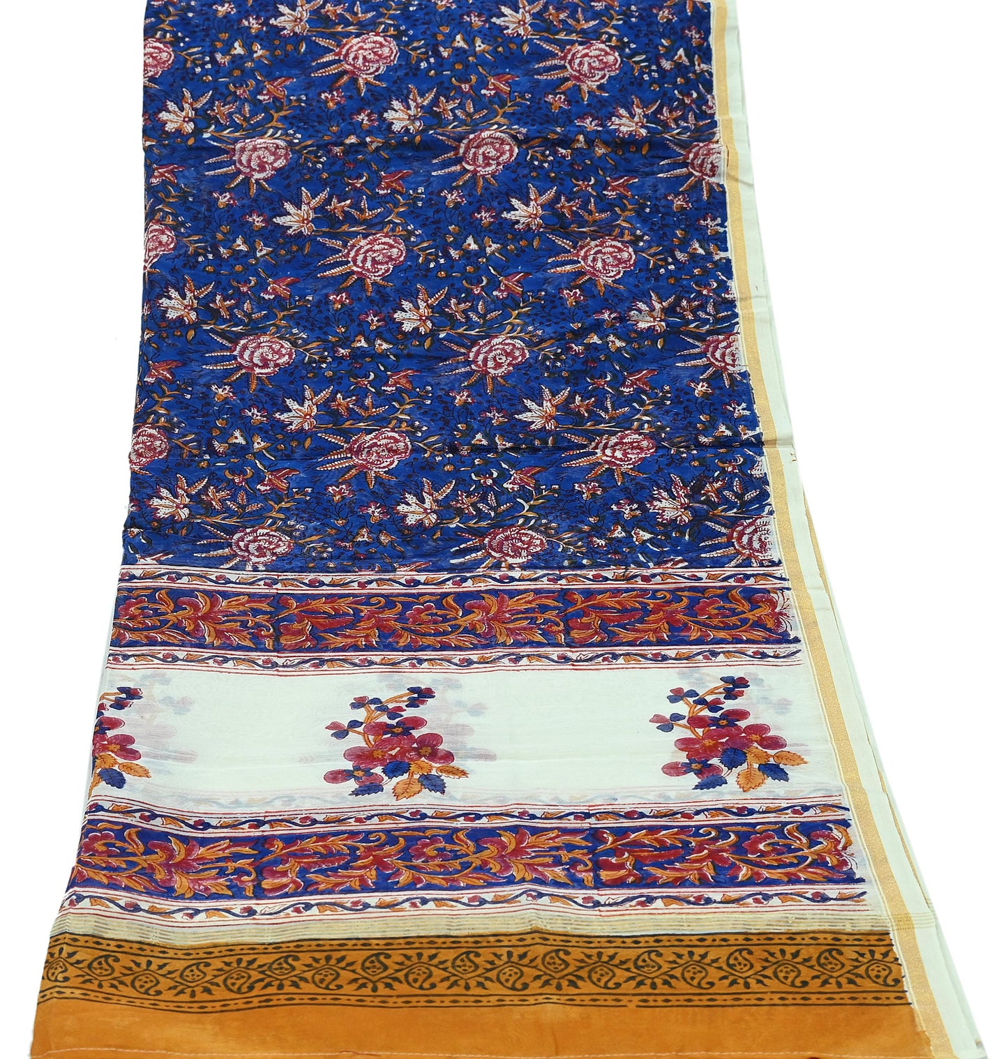 Indian Vintage Blue Dupatta Long Stole Hand Block Print Pure Chanderi Silk Scarves Veil Golden Zari
