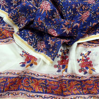 Indian Vintage Blue Dupatta Long Stole Hand Block Print Pure Chanderi Silk Scarves Veil Golden Zari
