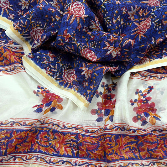 Indian Vintage Blue Dupatta Long Stole Hand Block Print Pure Chanderi Silk Scarves Veil Golden Zari