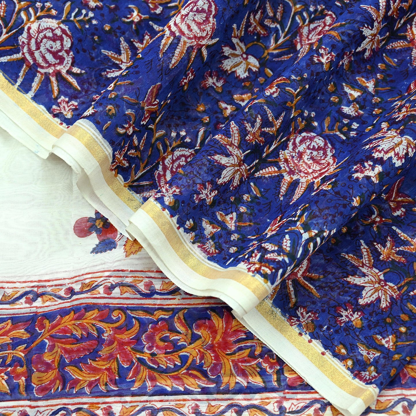 Indian Vintage Blue Dupatta Long Stole Hand Block Print Pure Chanderi Silk Scarves Veil Golden Zari
