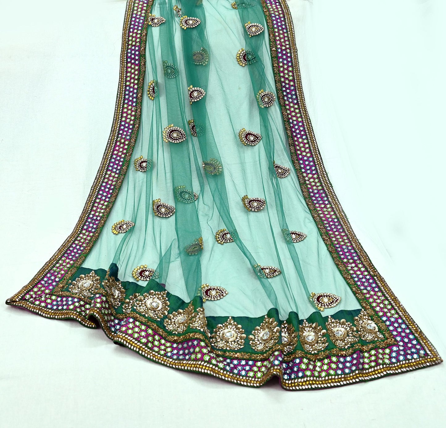 Indian Heavy Wedding Green & Pink Net/Mesh/Velvet Hand Embroidered Fish Cut Lehenga 3pcs Set Designer By Manish Malhotra Party Wear