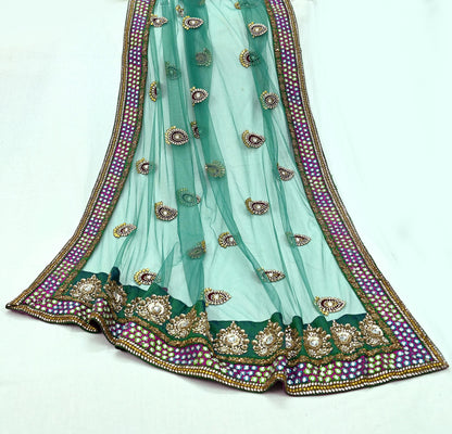 Indian Heavy Wedding Green & Pink Net/Mesh/Velvet Hand Embroidered Fish Cut Lehenga 3pcs Set Designer By Manish Malhotra Party Wear