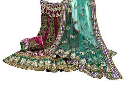 Indian Heavy Wedding Green & Pink Net/Mesh/Velvet Hand Embroidered Fish Cut Lehenga 3pcs Set Designer By Manish Malhotra Party Wear