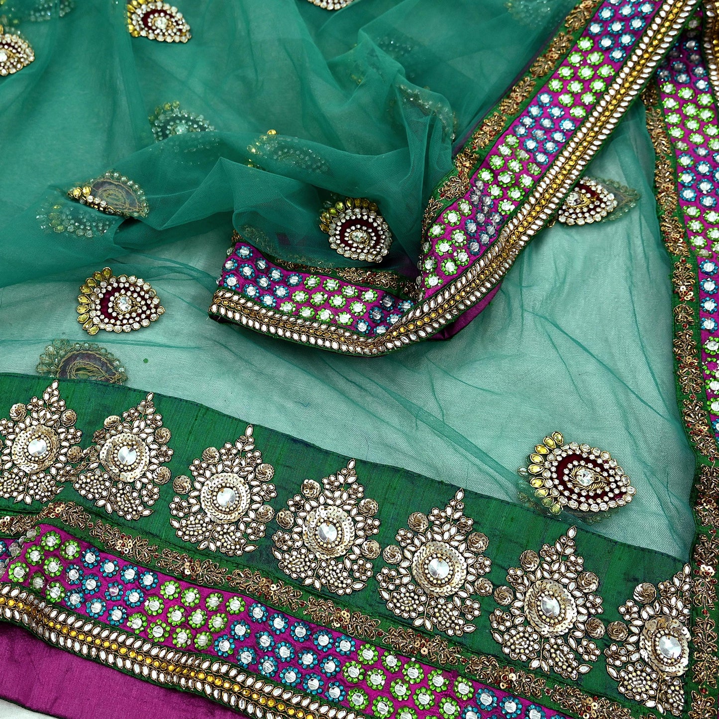 Indian Heavy Wedding Green & Pink Net/Mesh/Velvet Hand Embroidered Fish Cut Lehenga 3pcs Set Designer By Manish Malhotra Party Wear