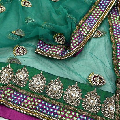 Indian Heavy Wedding Green & Pink Net/Mesh/Velvet Hand Embroidered Fish Cut Lehenga 3pcs Set Designer By Manish Malhotra Party Wear