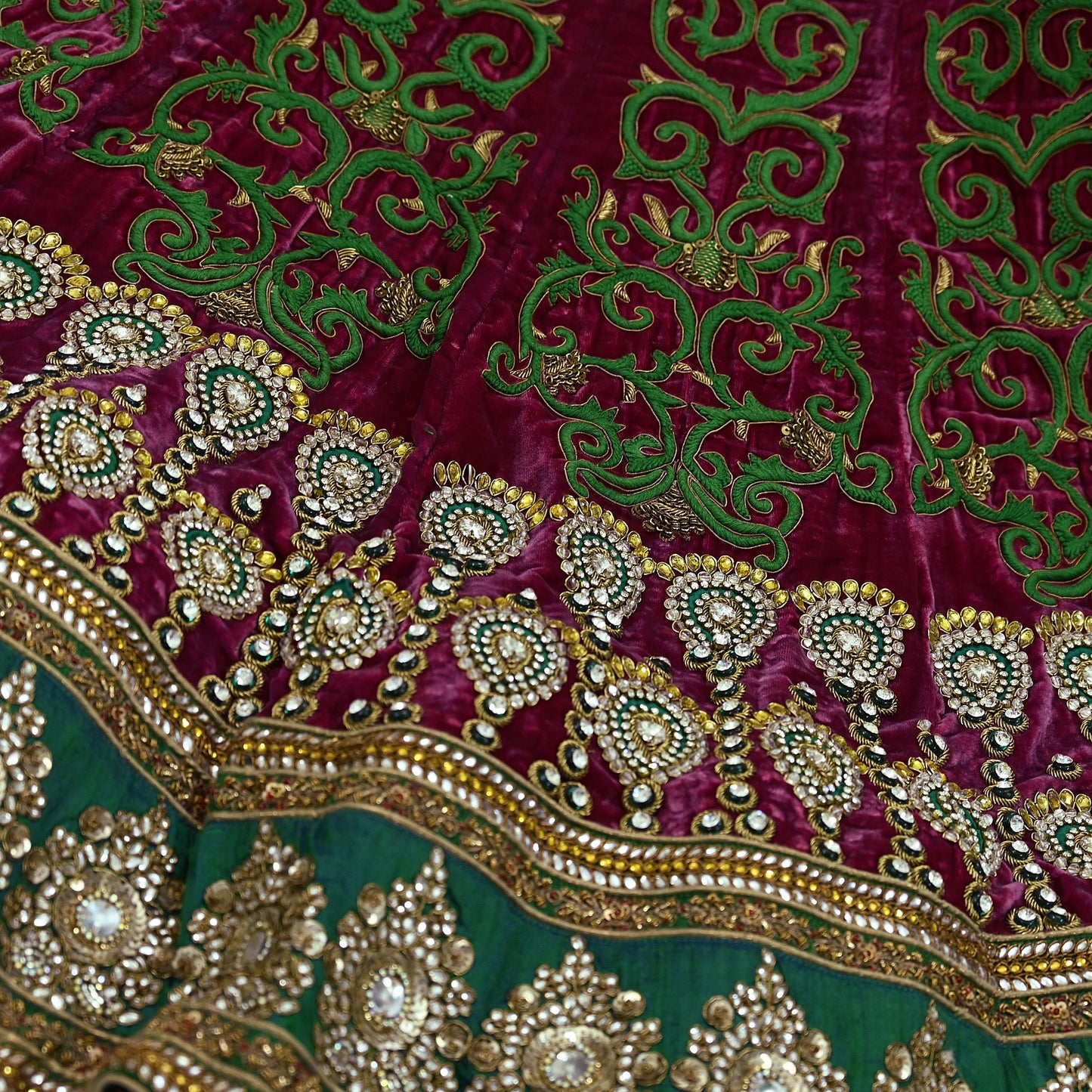 Indian Heavy Wedding Green & Pink Net/Mesh/Velvet Hand Embroidered Fish Cut Lehenga 3pcs Set Designer By Manish Malhotra Party Wear