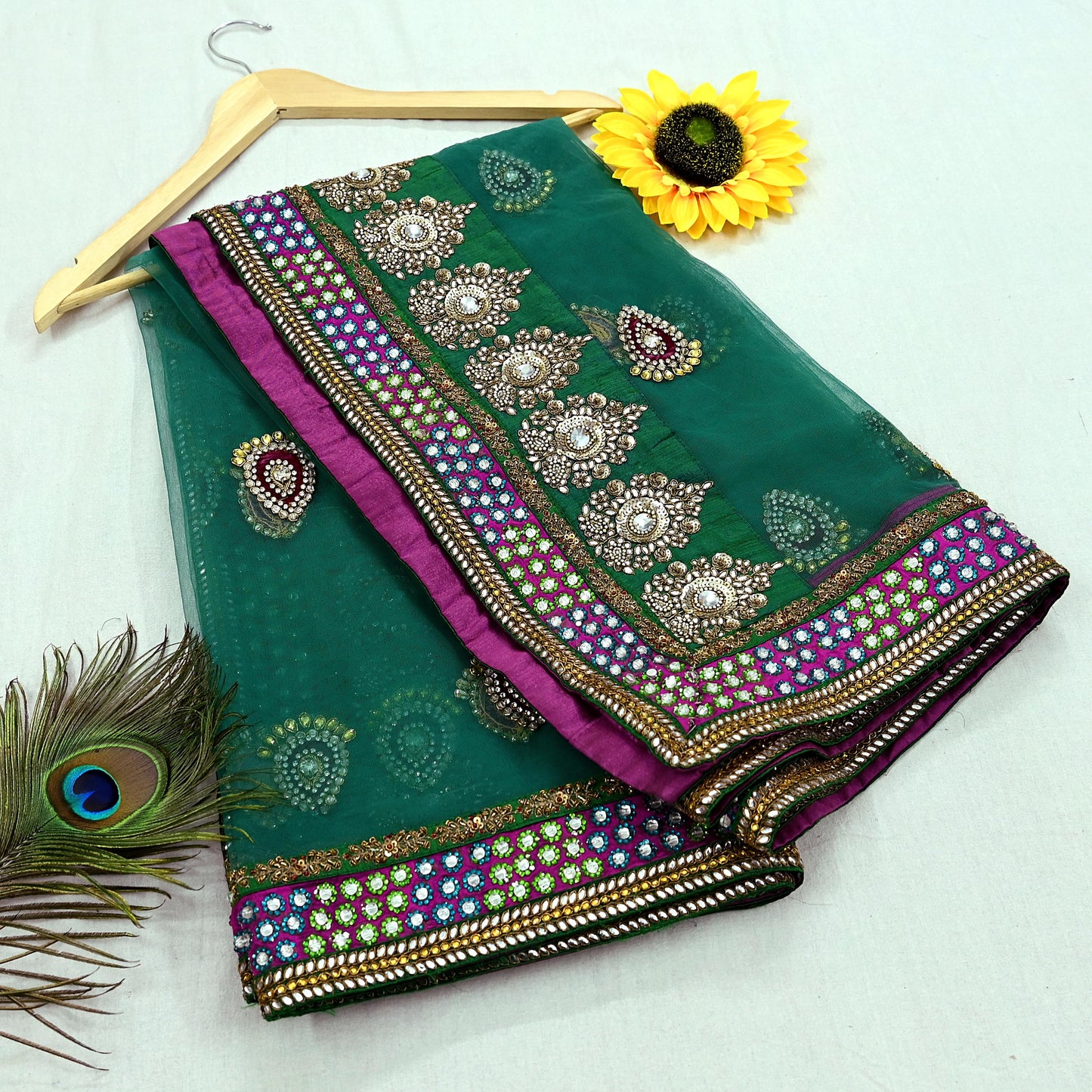 Indian Vintage Heavy Wedding Green Net/Mesh/ Velvet Hand Embroidered Dupatta Designer By Manish Malhotra Bridal Wear Zardozi Veil Hijab