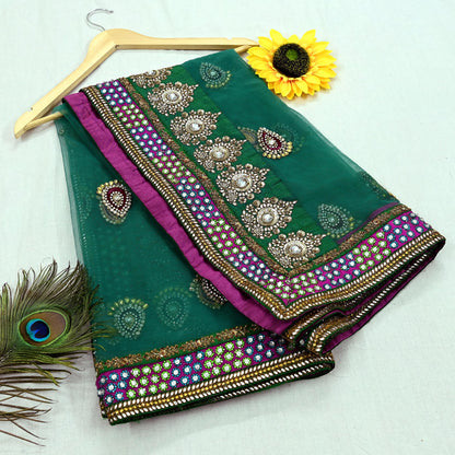 Indian Vintage Heavy Wedding Green Net/Mesh/ Velvet Hand Embroidered Dupatta Designer By Manish Malhotra Bridal Wear Zardozi Veil Hijab