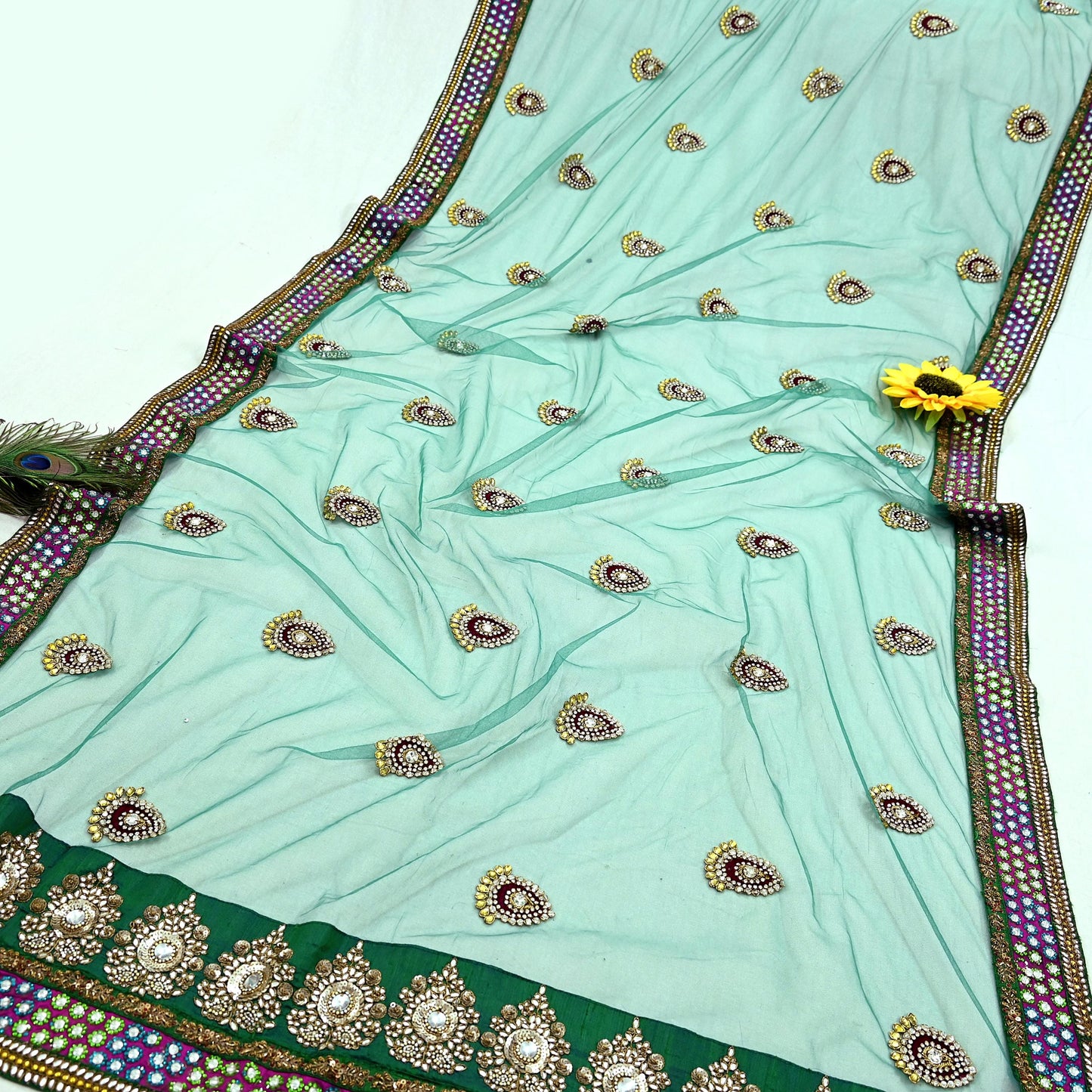 Indian Vintage Heavy Wedding Green Net/Mesh/ Velvet Hand Embroidered Dupatta Designer By Manish Malhotra Bridal Wear Zardozi Veil Hijab