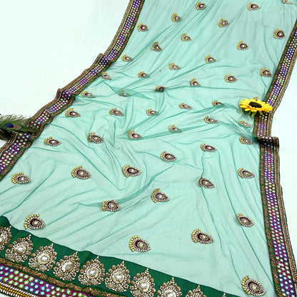 Indian Vintage Heavy Wedding Green Net/Mesh/ Velvet Hand Embroidered Dupatta Designer By Manish Malhotra Bridal Wear Zardozi Veil Hijab