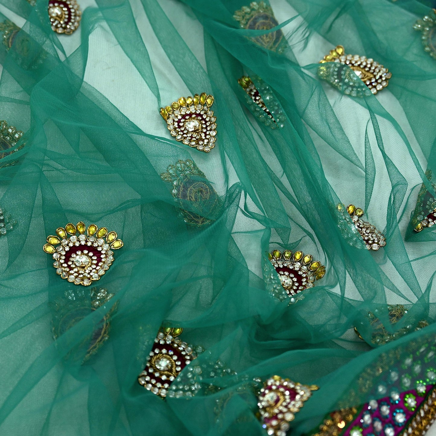 Indian Vintage Heavy Wedding Green Net/Mesh/ Velvet Hand Embroidered Dupatta Designer By Manish Malhotra Bridal Wear Zardozi Veil Hijab