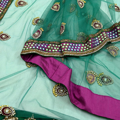 Indian Vintage Heavy Wedding Green Net/Mesh/ Velvet Hand Embroidered Dupatta Designer By Manish Malhotra Bridal Wear Zardozi Veil Hijab