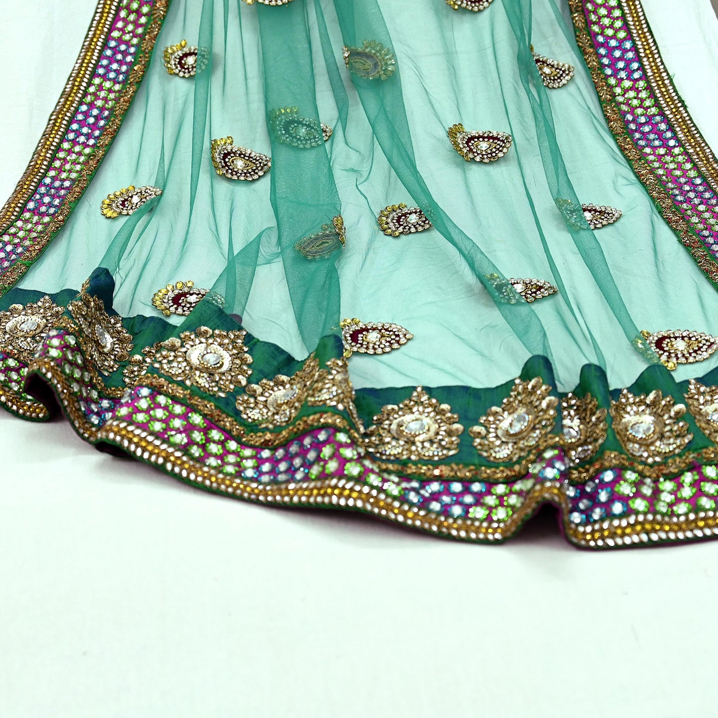 Indian Vintage Heavy Wedding Green Net/Mesh/ Velvet Hand Embroidered Dupatta Designer By Manish Malhotra Bridal Wear Zardozi Veil Hijab