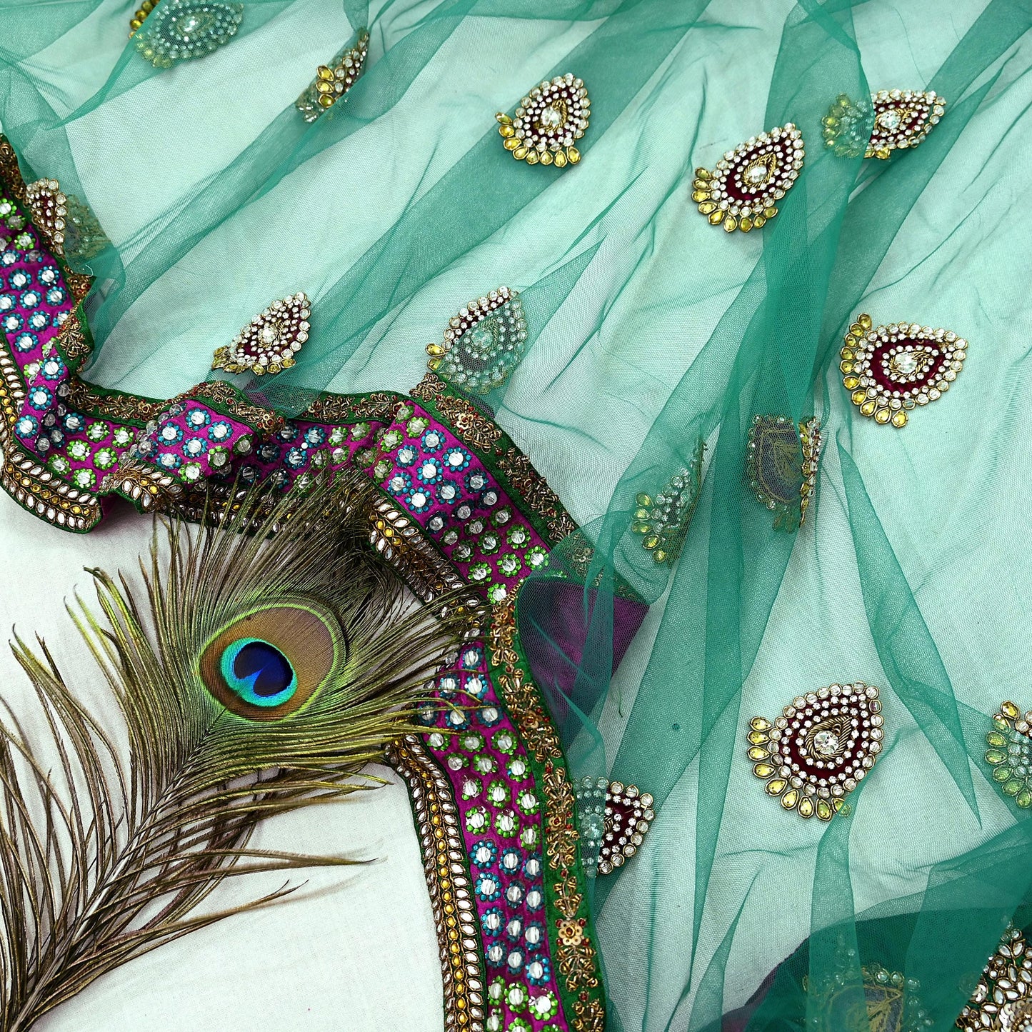 Indian Vintage Heavy Wedding Green Net/Mesh/ Velvet Hand Embroidered Dupatta Designer By Manish Malhotra Bridal Wear Zardozi Veil Hijab