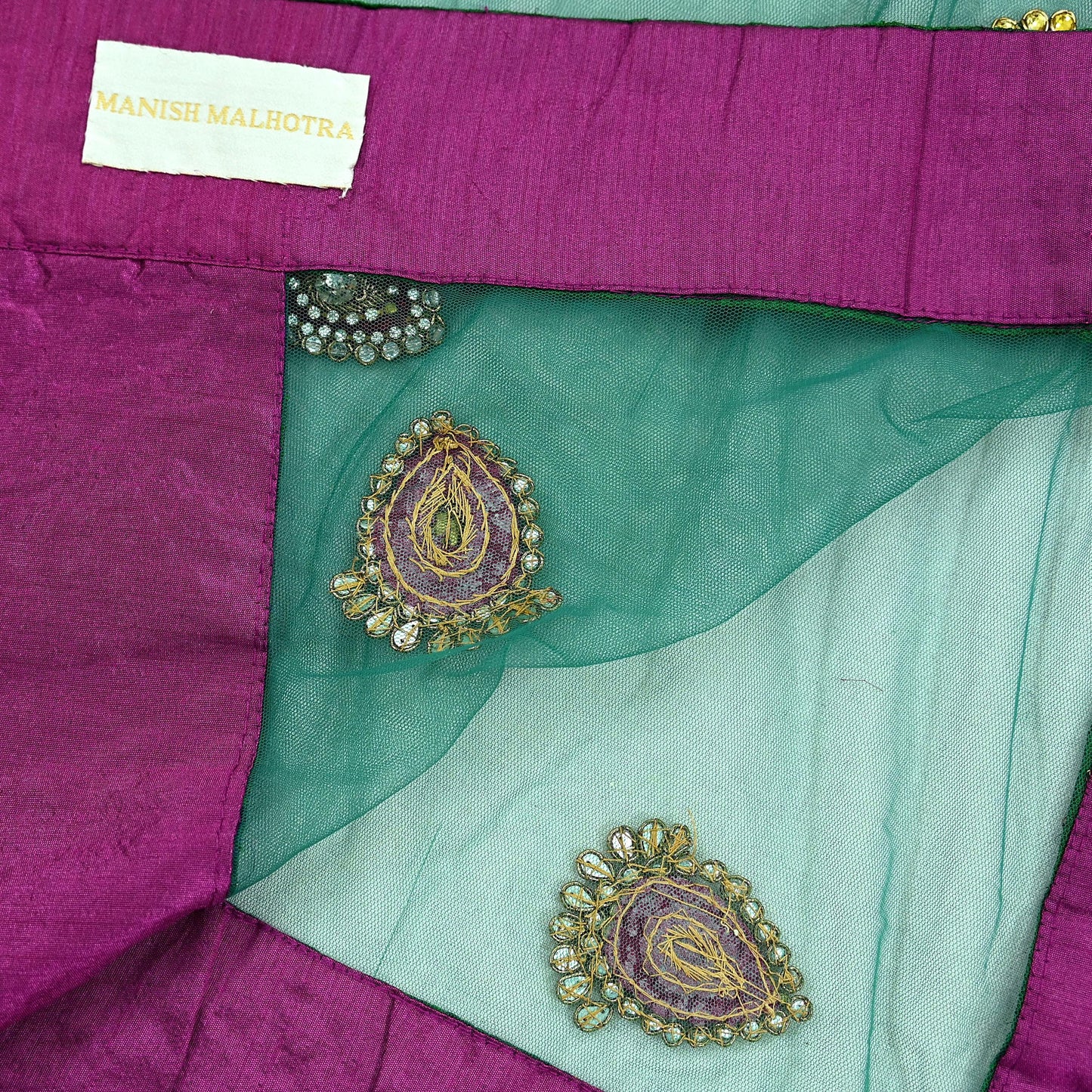 Indian Vintage Heavy Wedding Green Net/Mesh/ Velvet Hand Embroidered Dupatta Designer By Manish Malhotra Bridal Wear Zardozi Veil Hijab