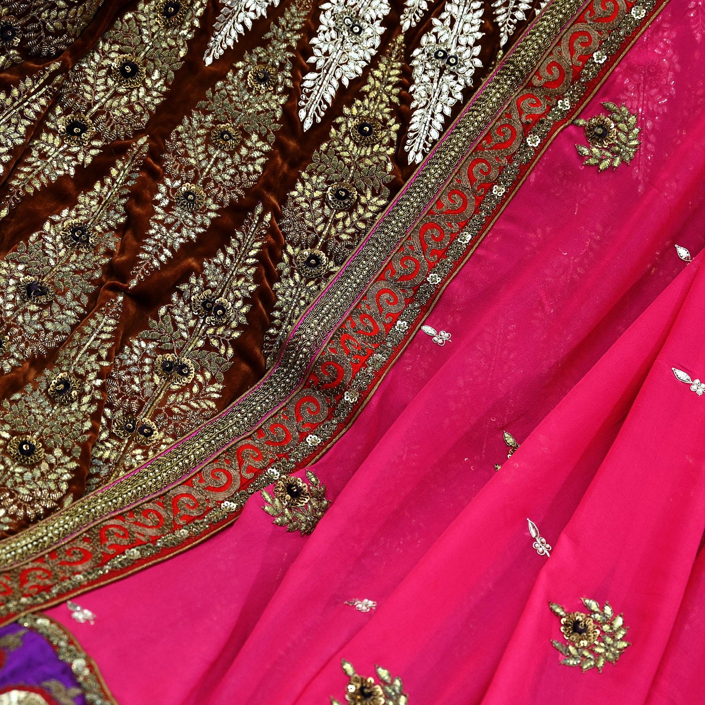 Indian New Heavy Brown & Pink Colored Pure Georgette Silk/Net Hand Embroidered Lehenga 2pcs Set By Designer Sabyasachi Bridal Wear