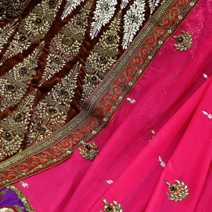 Indian New Heavy Brown & Pink Colored Pure Georgette Silk/Net Hand Embroidered Lehenga 2pcs Set By Designer Sabyasachi Bridal Wear