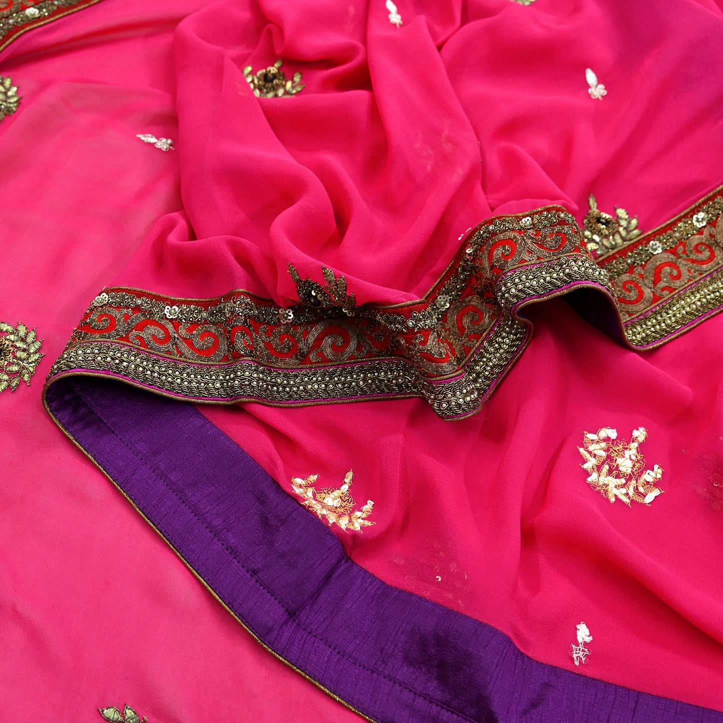 Indian Vintage Heavy Wedding Dupatta Pink Pure Georgette Silk Long Stole Hand Embroidered By Designer Sabyasachi Scarves Zardozi Bridal Veil