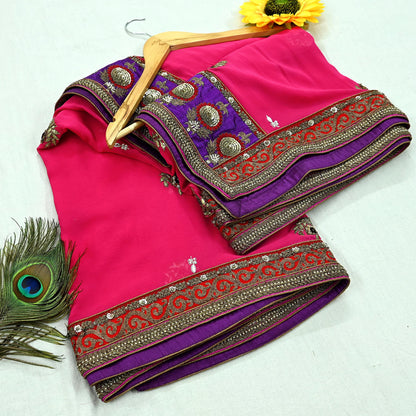 Indian Vintage Heavy Wedding Dupatta Pink Pure Georgette Silk Long Stole Hand Embroidered By Designer Sabyasachi Scarves Zardozi Bridal Veil