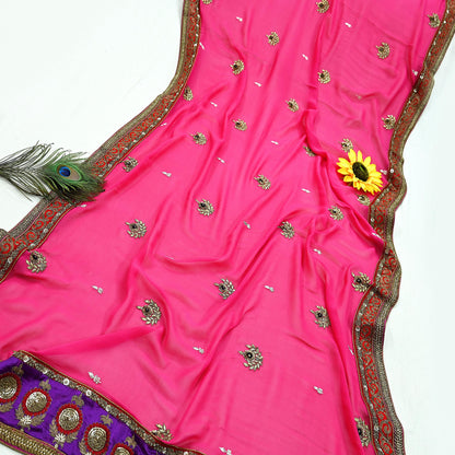 Indian Vintage Heavy Wedding Dupatta Pink Pure Georgette Silk Long Stole Hand Embroidered By Designer Sabyasachi Scarves Zardozi Bridal Veil