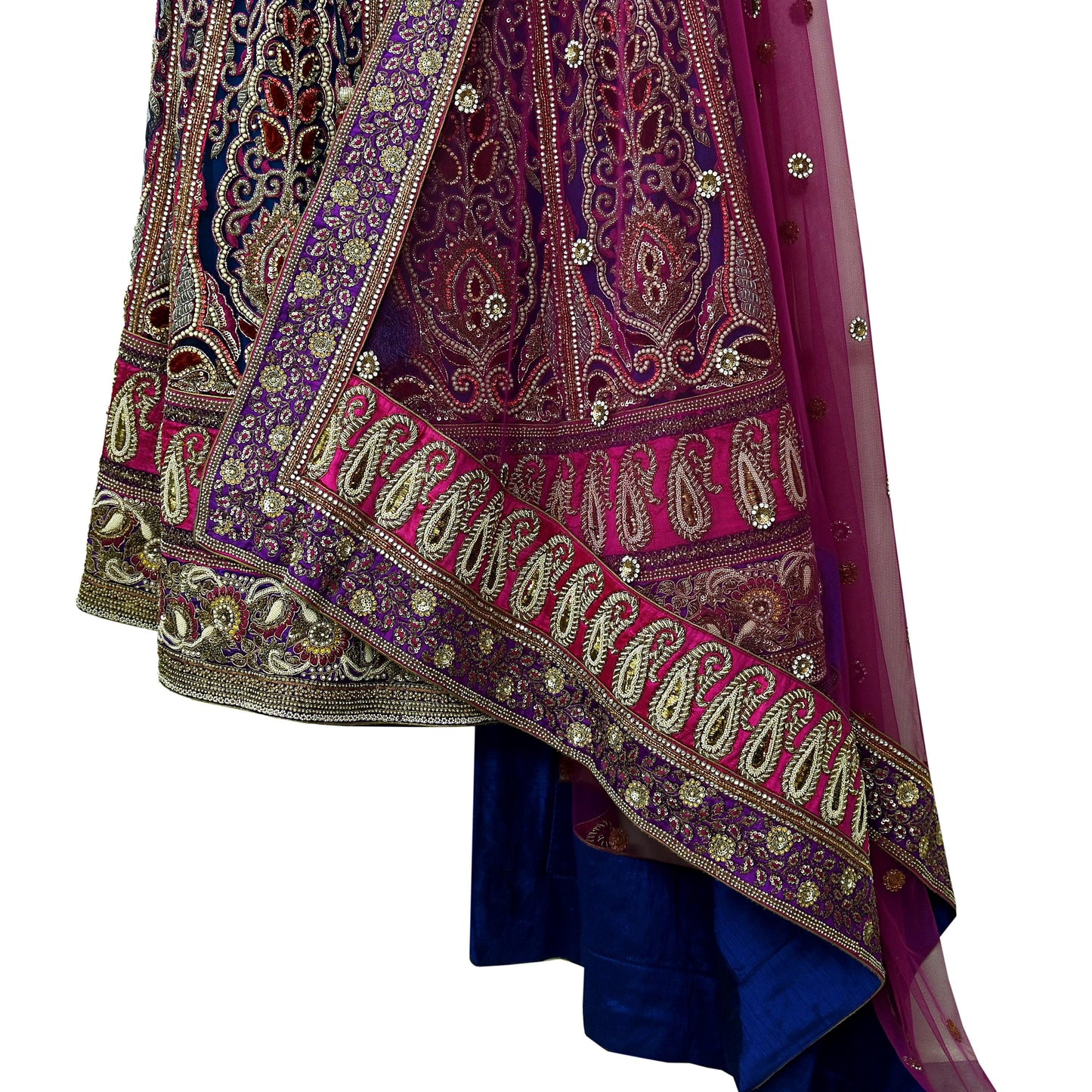 Indian Heavy Wedding Blue & Purple Net/Mesh Hand Embroidered Lehenga 3pcs Set Designer By Anamika Khanna Party Wear With Blouse Fabric