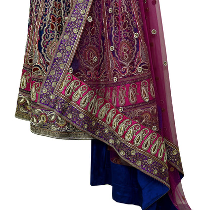 Indian Heavy Wedding Blue & Purple Net/Mesh Hand Embroidered Lehenga 3pcs Set Designer By Anamika Khanna Party Wear With Blouse Fabric