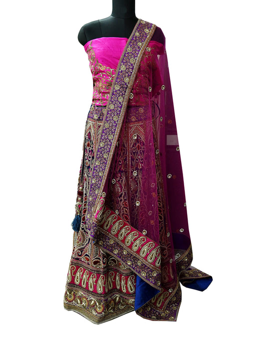 Indian Heavy Wedding Blue & Purple Net/Mesh Hand Embroidered Lehenga 3pcs Set Designer By Anamika Khanna Party Wear With Blouse Fabric