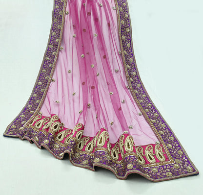 Indian Vintage Heavy Wedding Purple  Net/Mesh/ Velvet Hand Embroidered Dupatta Designer By Anamika Khanna Bridal Wear Dabka Veil Hijab