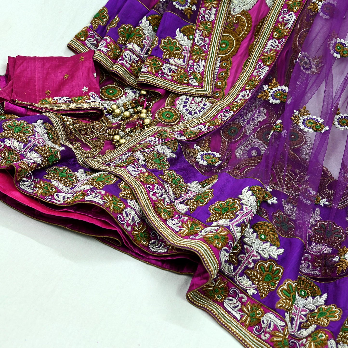 Indian Heavy Wedding Purple & Magenta Net/Mesh Hand Embroidered Fish Cut Lehenga 3pcs Set Designer By Manish Malhotra Party Wear