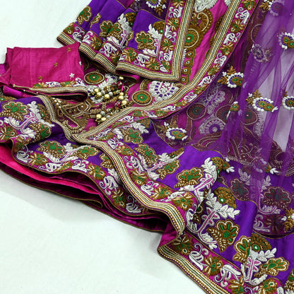 Indian Heavy Wedding Purple & Magenta Net/Mesh Hand Embroidered Fish Cut Lehenga 3pcs Set Designer By Manish Malhotra Party Wear