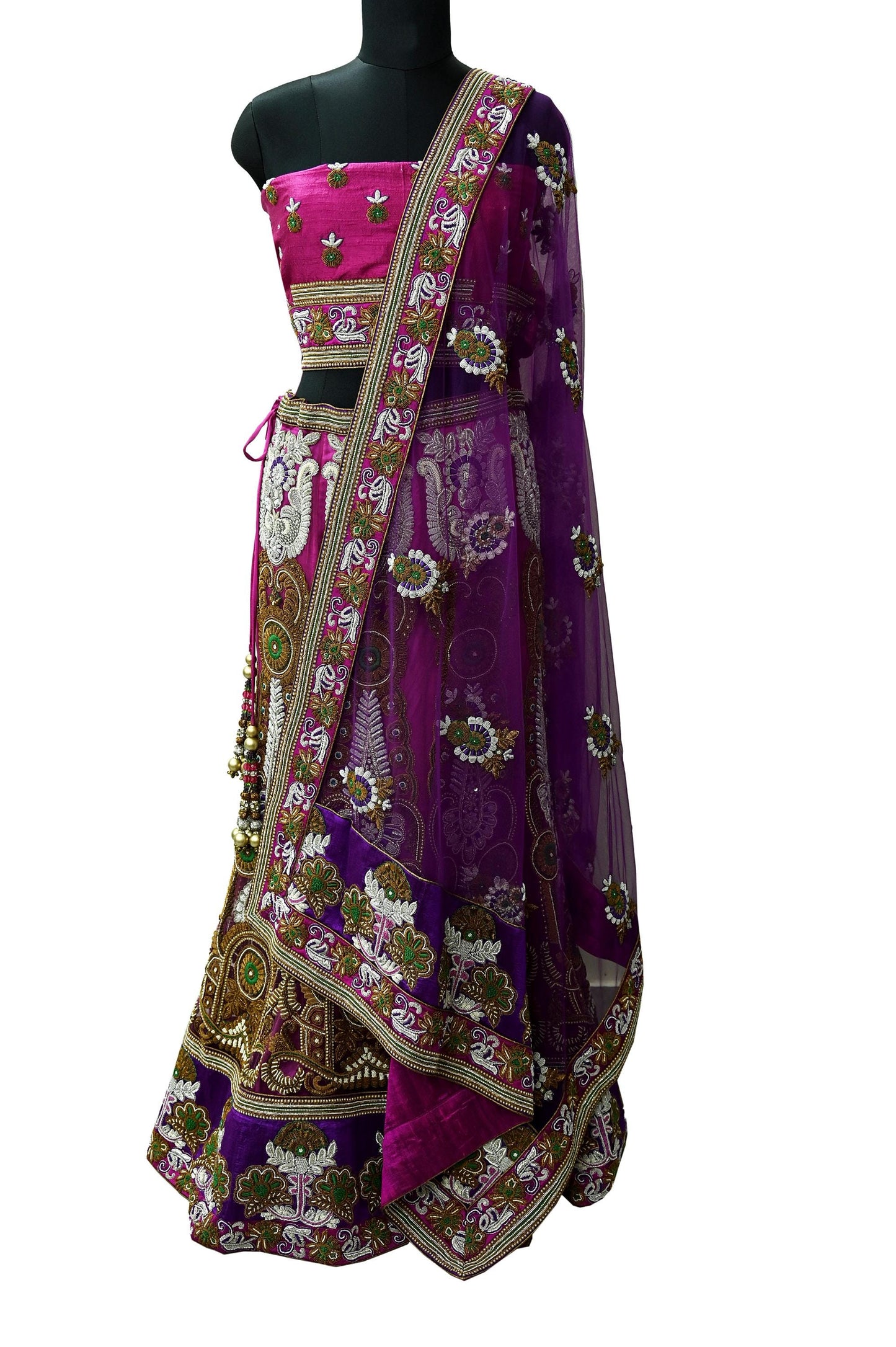 Indian Heavy Wedding Purple & Magenta Net/Mesh Hand Embroidered Fish Cut Lehenga 3pcs Set Designer By Manish Malhotra Party Wear