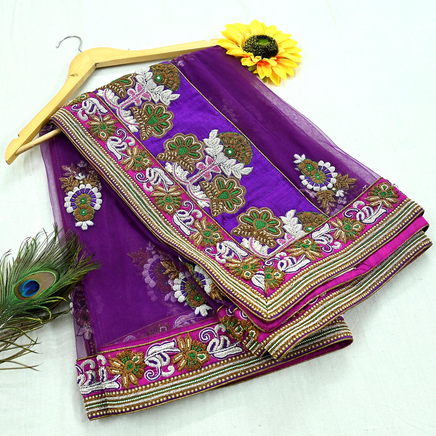 Indian Vintage Heavy Wedding Purple Net/Mesh/ Velvet Hand Embroidered Dupatta Designer By Manish Malhotra Bridal Wear Zardozi Veil Hijab