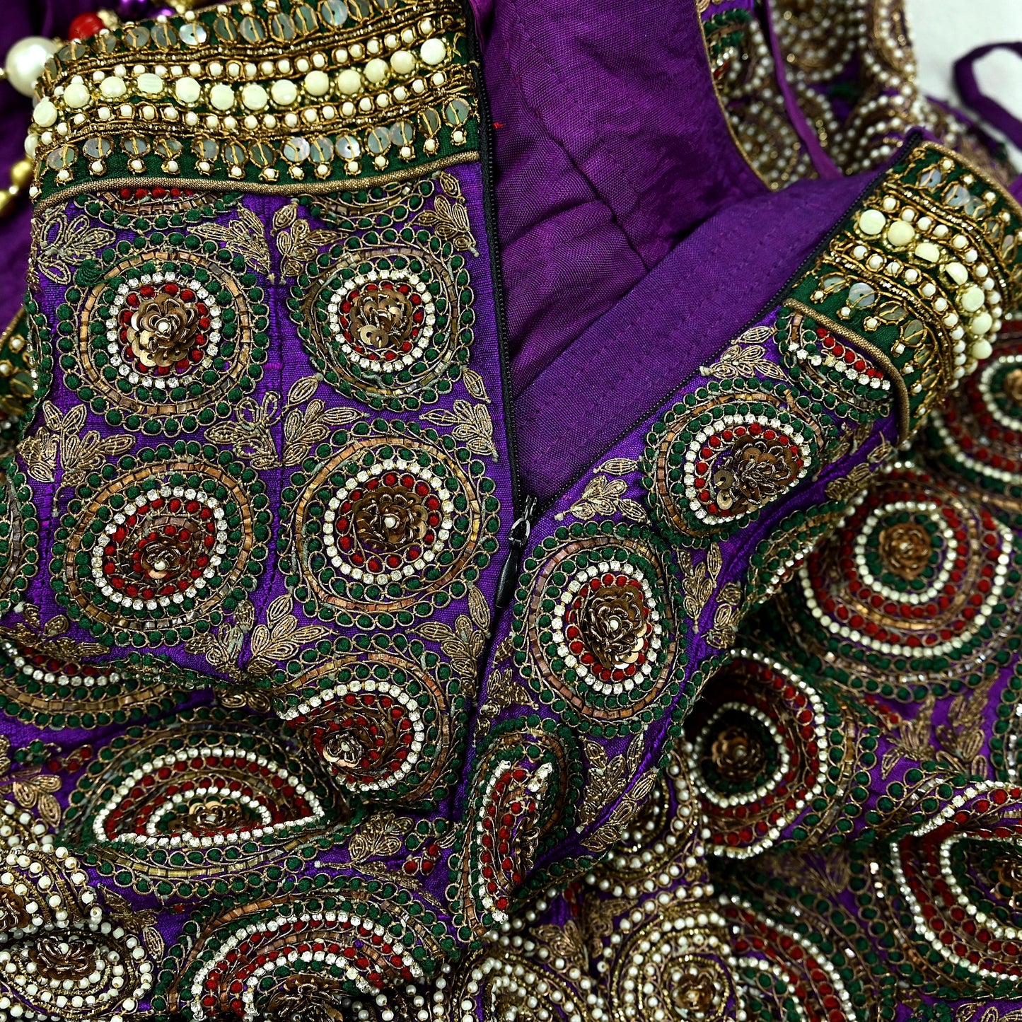 Indian New Heavy Purple & Red Colored Pure Chanderi Silk/Net Hand Embroidered Lehenga 3pcs Set By Designer Sabyasachi Bridal Wear